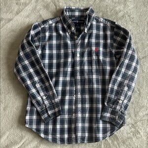 Ralph Lauren Navy, Green & White Plaid Button-Down Shirt with Red Pony